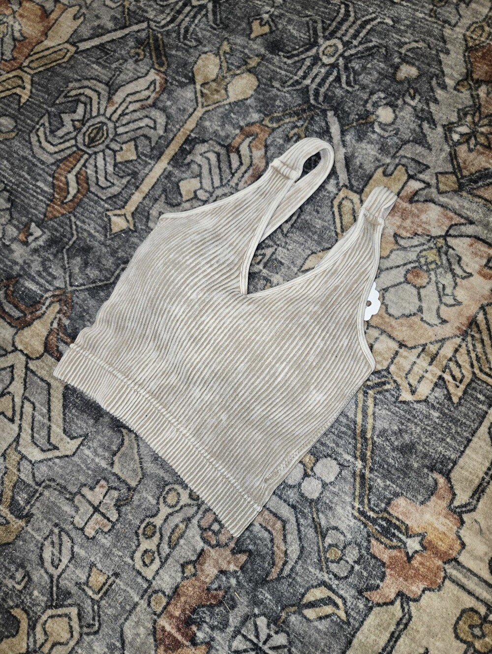 Zenana Ribbed V-Neck Crop Tank Top in Light Beige